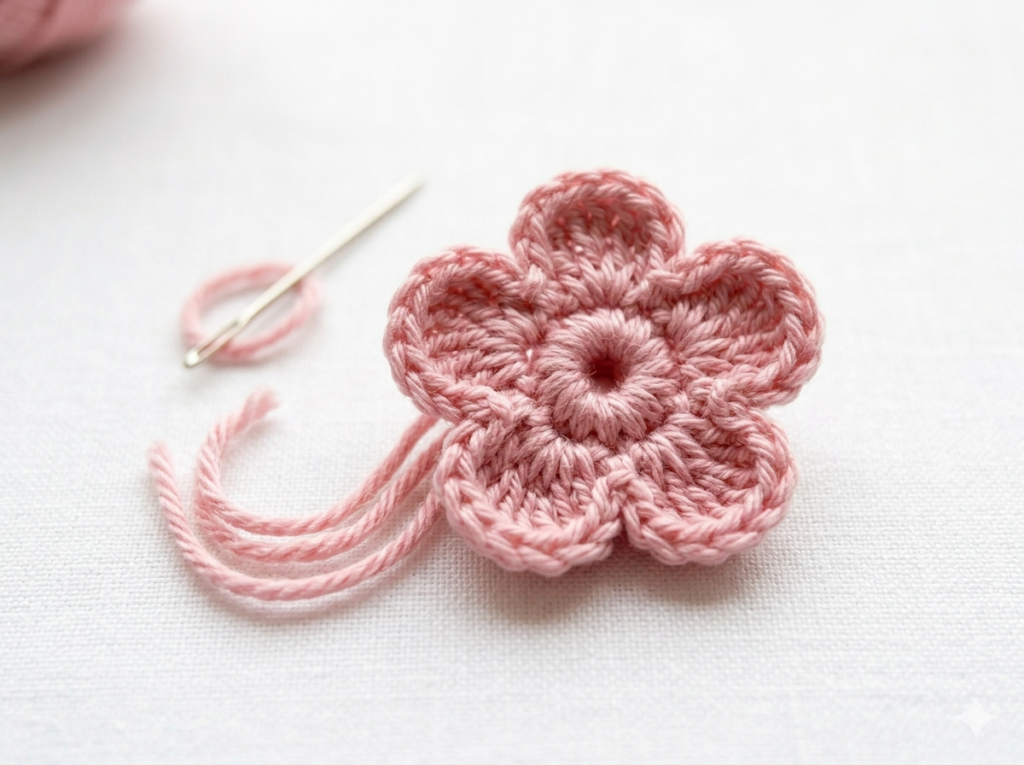 classic 5 petal tiny crochet flower in soft pink DK yarn — finished flower on white background