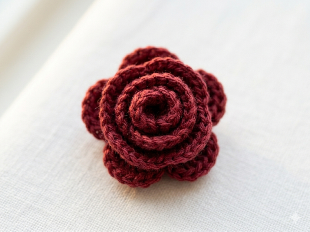 finished mini rose tiny crochet flower in wine red yarn — rolled spiral rose shape approximately 3cm wide