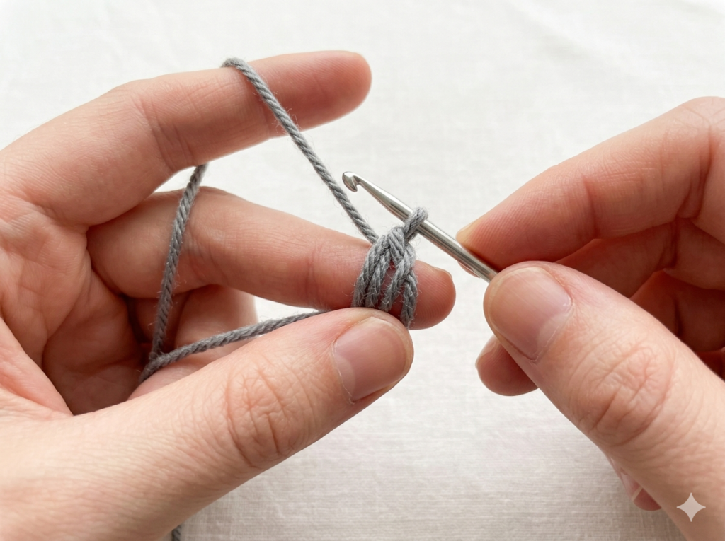 how to make a magic ring for wolf crochet pattern — yarn loop around finger with crochet hook inserted