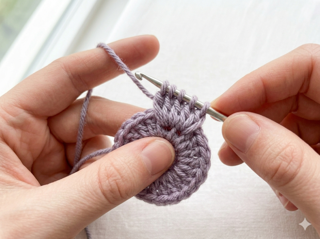 how to make a puff stitch for tiny crochet flower — incomplete double crochets on hook creating raised petal texture