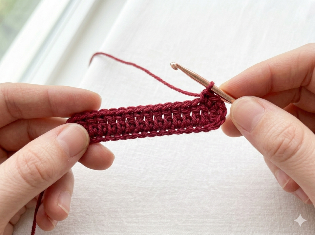 how to make mini rose tiny crochet flower — chain base with triple crochet stitches before rolling into rose shape