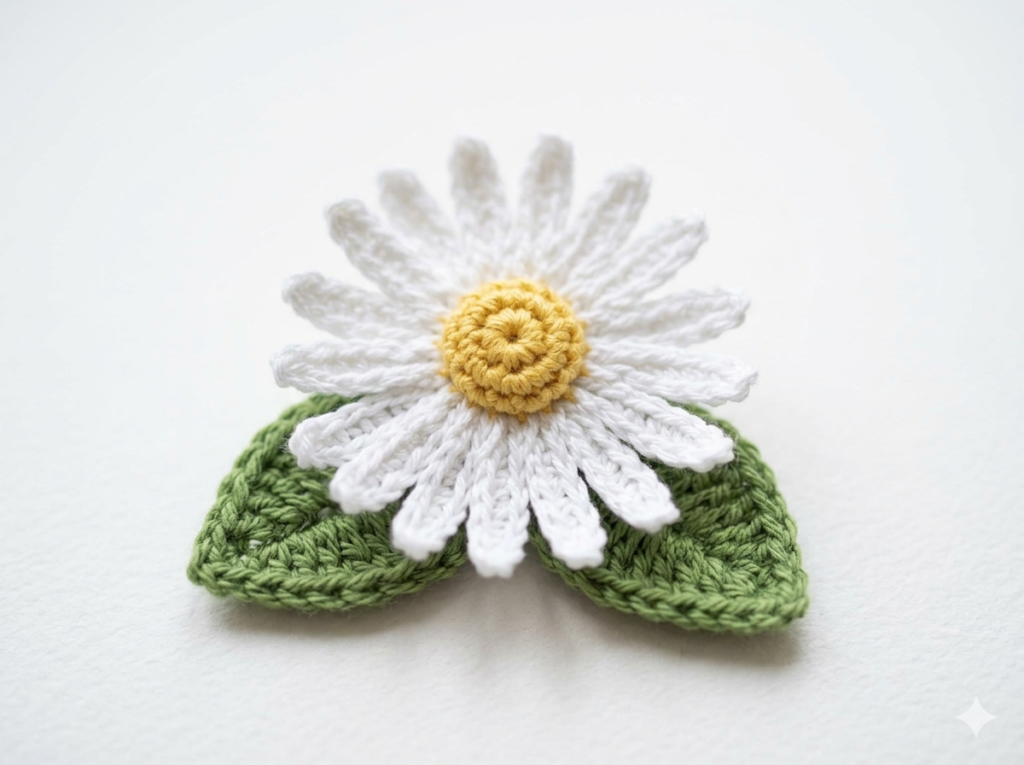 mini daisy tiny crochet flower in white yarn with yellow center on green leaf background