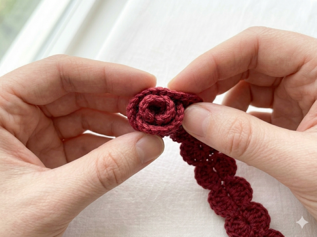 rolling tiny crochet flower rose — hands coiling crochet petal strip into spiral rose shape with fingers
