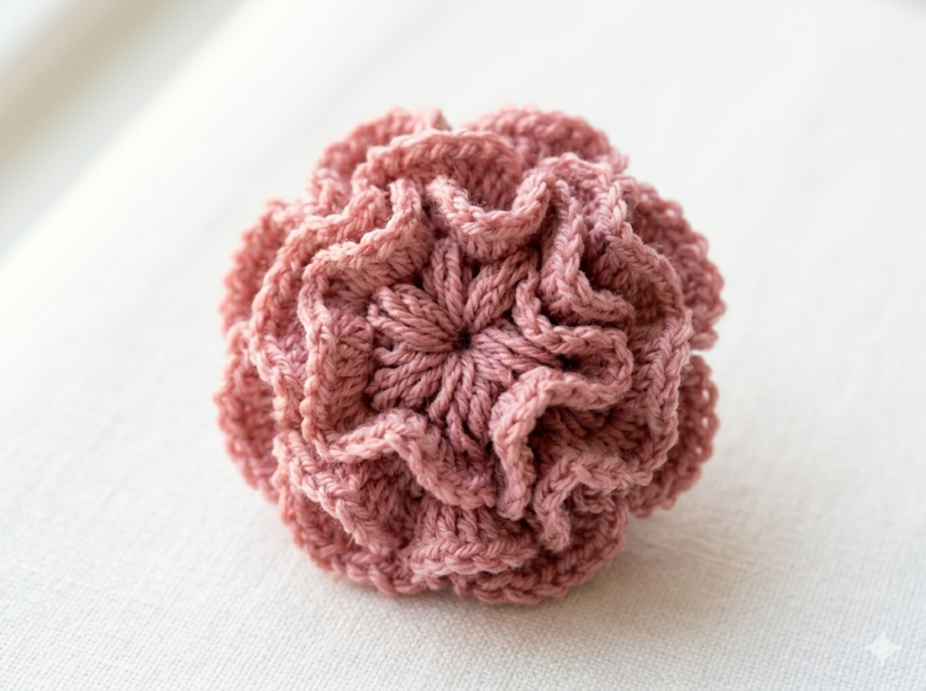 tiny crochet flower carnation in dusty pink yarn — ruffled layered petals approximately 5cm wide on white surface