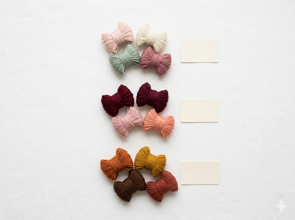 tiny crochet flower color palette — yarn swatches in spring garden blush romance and autumn harvest combinations