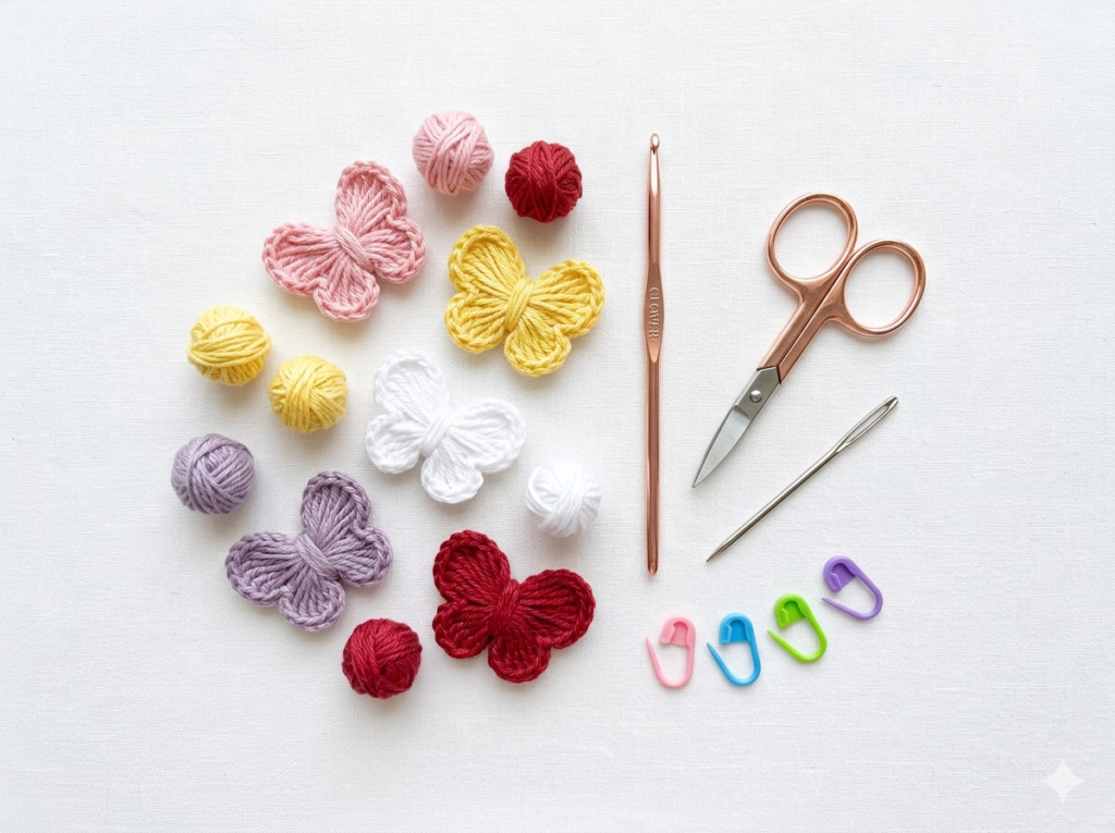 tiny crochet flower materials — small yarn balls in pink yellow white red and purple with 2.5mm crochet hook scissors and tapestry needle