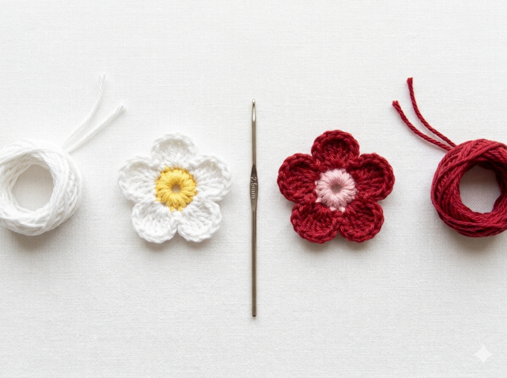 tiny crochet flower two color variation — yellow center with white petals and pink center with red petals side by side
