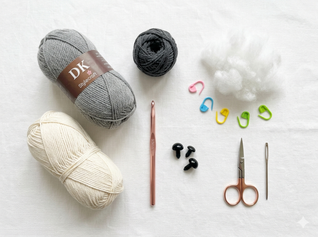 wolf crochet pattern materials — grey yarn skeins, 3mm crochet hook, safety eyes, polyester stuffing and stitch markers on white surface