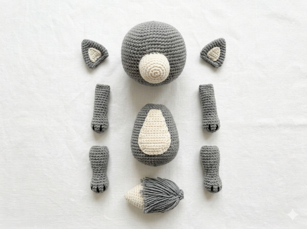 wolf crochet pattern pieces laid out flat — head, body, ears, legs and tail in grey yarn before assembly